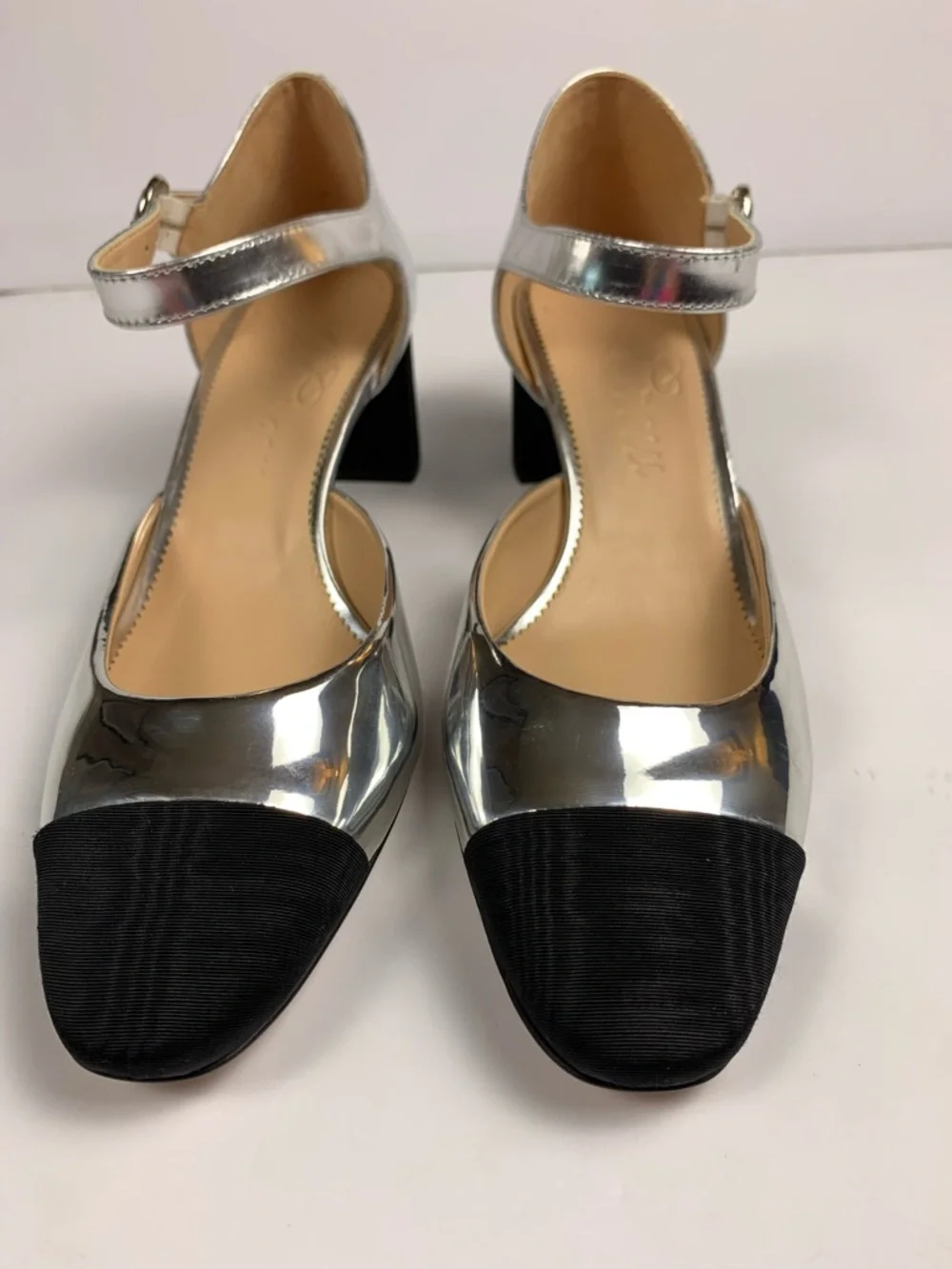 J.Crew Maisie Silver Leather Mary Jane Block Heels Black Cap Toe 9.5